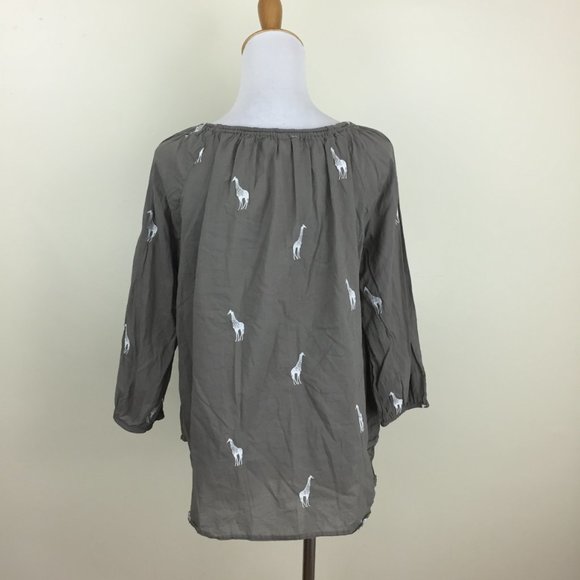 ANN TAYLOR Loft Khaki/Sage White Giraffe Embroidery Tie Collar Loose Fit Shirt - Picture 7 of 7